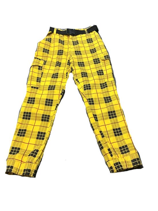 Almost Famous Pants - Almost Famous Yellow Plaid Cargo Jogger Pants Belted Cotton Blend Size L